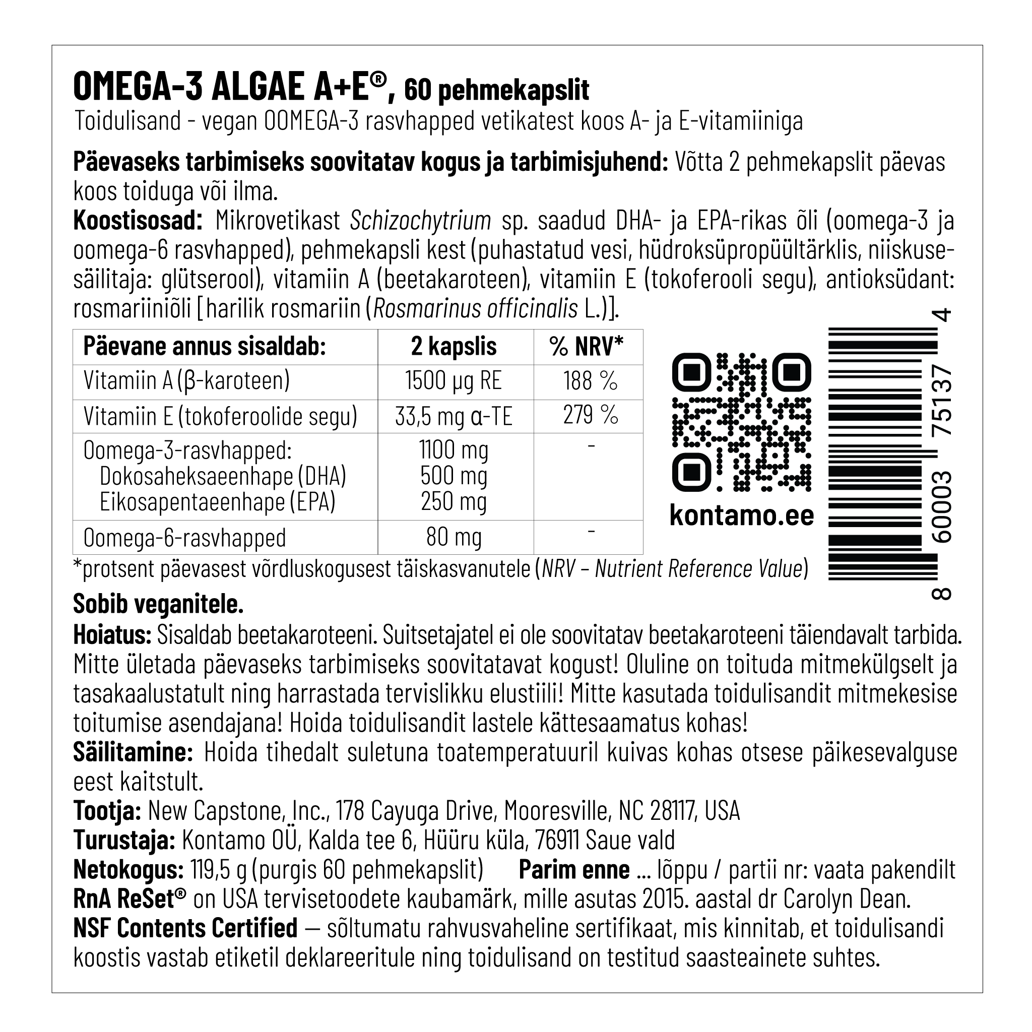 Rna Reset Omega-3 Algae A+E®, 60 pehmekapslit pakend