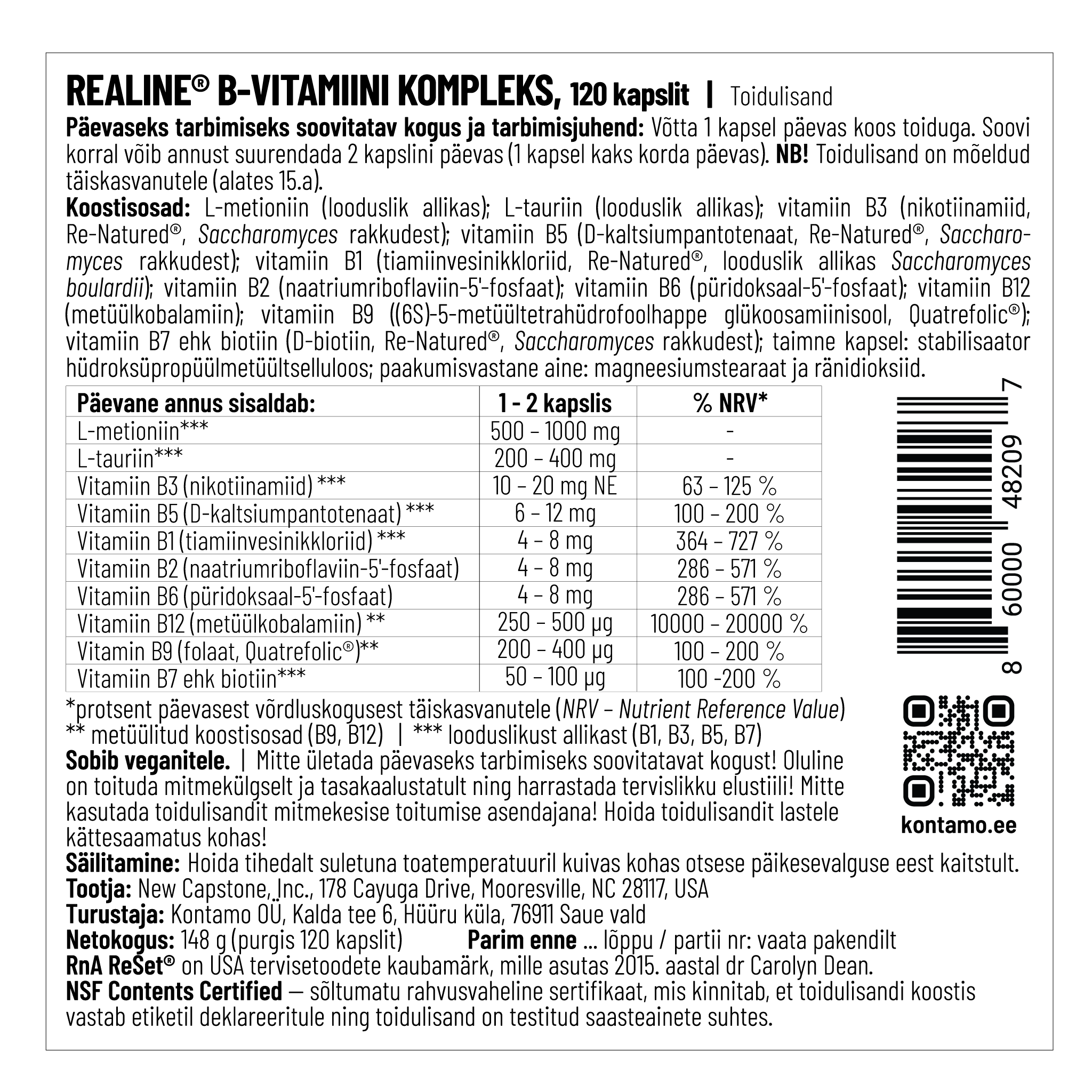 Rna Reset ReAline® Vitamin B Complex, 120 kapslit